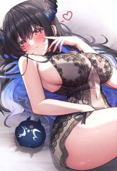 1girl :t absurdres armpit_crease babydoll black_babydoll black_hair black_panties blue_hair blush breasts commentary demon_horns english_commentary hand_up heart highres hololive hololive_english horns jailbird_(nerissa_ravencroft) large_breasts lingerie lipstick_mark lipstick_mark_on_face long_hair looking_at_viewer mofu07519 mole mole_under_eye multicolored_hair navel nerissa_ravencroft panties red_eyes spoken_heart thighs two-tone_hair underwear very_long_hair virtual_youtuber