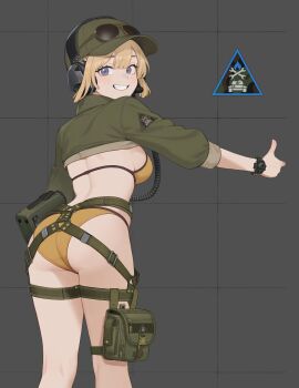 Rule 34 | 1girl, ass, aviator sunglasses, baseball cap, bikini, blonde hair, blue eyes, breasts, cable, cropped jacket, eyewear on headwear, feet out of frame, from behind, green hat, green jacket, grey background, grin, harness, hat, headphones, highres, jacket, jaejae, looking at viewer, looking back, medium breasts, microphone, o-ring, original, outstretched arm, pouch, short hair, smile, solo, standing, string bikini, sunglasses, swimsuit, thigh pouch, thigh strap, three-quarter sleeves, thumbs up, watch, wristwatch, yellow bikini