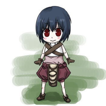 1girl blue_hair blush_stickers brown_gloves brown_shoes brown_shorts chibi chibi_only closed_mouth commentary_request full_body gloves looking_at_viewer novice_(ragnarok_online) pink_shirt ragnarok_online red_eyes shirt shoes short_hair shorts sleeveless sleeveless_shirt smile solo standing toriria white_background