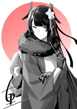 Rule 34 | 1girl, absurdres, closed mouth, fccrcrvim924172, flower, folded fan, folding fan, fur-trimmed kimono, fur trim, gloves, hair flower, hair ornament, hand fan, haori, highres, holding, holding fan, horns, japanese clothes, kimono, monochrome, nue (nue no onmyouji), nue no onmyouji, signature, smile, solo
