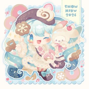 Rule 34 | 1girl, ;3, ;d, bag, blue background, blue dress, blue eyes, blue hair, blush, boots, border, bow, brown boots, character name, chibi, chibi only, commentary request, cookie hair ornament, dress, food-themed hair ornament, footwear bow, full body, gingham background, hair ornament, hatsune miku, highres, long hair, long sleeves, looking at viewer, musical note, necktie, no lineart, one eye closed, open mouth, outline, outside border, pantyhose, pink necktie, rabbit yukine, smile, striped clothes, striped pantyhose, vocaloid, watermark, white border, white outline, whitebunny, yuki miku, yuki miku (2026)