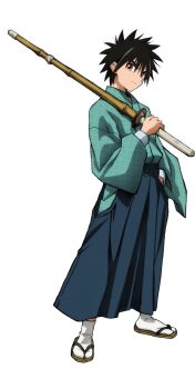 1boy anime_coloring black_hair closed_mouth full_body green_hakama green_kimono hair_between_eyes hakama hakama_pants hand_on_own_hip holding holding_sword holding_weapon japanese_clothes kimono long_sleeves looking_at_viewer male_focus myoujin_yahiko nishii_terumi official_art pants rurouni_kenshin sandals sash shinai short_hair simple_background smile socks solo spiked_hair standing sword transparent_background weapon white_socks wide_sleeves zouri
