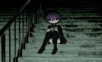 1girl black_boots boots hashtag-only_commentary highres long_sleeves looking_at_viewer necktie purple_eyes purple_hair purple_necktie short_hair sitting sitting_on_stairs sn_(sn_utu00) solo stairs thigh_boots utane_uta utau