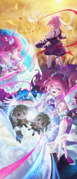 2girls absurdres astral_express_(honkai:_star_rail) bird breasts caelus_(honkai:_star_rail) character_doll coat commentary cyrene_(aedes_elysiae)_(honkai:_star_rail) cyrene_(honkai:_star_rail) cyrene_(ripples_of_past_reverie)_(honkai:_star_rail) diamond-shaped_pupils diamond_(shape) doll dove dress dual_persona highres honkai:_star_rail honkai_(series) large_breasts long_hair momo_(2240807) multiple_girls open_mouth pink_eyes purple_coat purple_eyes short_hair stelle_(honkai:_star_rail) symbol-shaped_pupils trailblazer_(honkai:_star_rail) very_long_hair wheat wheat_field white_dress