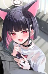 Rule 34 | 1girl, animal ears, animal print, black choker, black hair, black mask, black wristband, blue archive, blush, cat ears, cat print, choker, colored inner hair, commentary request, ear piercing, earrings, extra ears, fingernails, green pants, hair behind ear, hair ornament, hairclip, halo, highres, jewelry, katsushika pachi, kazusa (blue archive), looking at viewer, mask, medium hair, mouth mask, multicolored hair, open mouth, pants, piercing, pink eyes, pink hair, pink halo, print shirt, ring, shirt, smile, solo focus, stud earrings, two-tone hair, wet, wet clothes, wet shirt, white shirt, wristband, yellow wristband