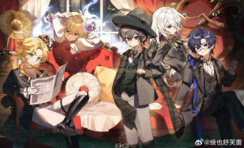 Rule 34 | 5boys, aged down, alkaid mcgrath, animal on arm, aqua eyes, arm rest, arm support, ascot, ayn alwyn, bird, bird on arm, black boots, black bow, black bowtie, black gloves, black hair, black hat, black jacket, black pants, black ribbon, black suit, black vest, blonde hair, blue eyes, blue hair, blue ribbon, boots, bow, bowtie, branch, brooch, brown scarf, cael anselm, clarence clayden, closed mouth, collared shirt, couch, crossed legs, crow, curtained hair, curtains, cushion, drawer, dress pants, expressionless, eyeball, eyewear strap, fedora, feet out of frame, figure four sitting, foot out of frame, formal clothes, frilled sleeves, frills, glasses, gloves, green eyes, green vest, grey jacket, grey pants, grey suit, hair between eyes, hand on own head, hand up, hat, highres, holding, holding pocket watch, indoors, jacket, jewelry, knee boots, lapels, lars rorschach, ling ye shufulei, long hair, long hair between eyes, long sleeves, looking at viewer, lovebrush chronicles, male focus, mole, mole under eye, multiple boys, neck ribbon, night, notched lapels, on couch, open clothes, open jacket, pants, parted bangs, parted lips, phonograph, plaid clothes, plaid scarf, pocket watch, purple eyes, red eyes, ribbon, riding boots, scarf, searchlight, shirt, short hair, signature, sitting, sleeve cuffs, smile, snowing, spirit, standing, stole, suit, suit jacket, thigh strap, vest, watch, watermark, weibo watermark, white ascot, white gloves, white hair, white pants, white shirt, window, wingtip collar