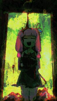 1girl :d ambiguous_red_liquid black_dress black_eyes blunt_bangs clothing_cutout commentary_request cowboy_shot crowbar doorway dress empty_eyes glitch green_background highres holding holding_crowbar ishizaki_(ishizaki100) kotonoha_akane long_hair long_sleeves looking_at_viewer one_eye_closed open_mouth pink_hair shoulder_cutout smile solo voiceroid