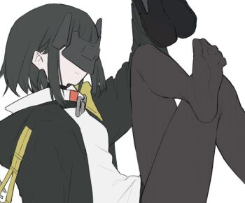 1girl arknights arknights:_endfield black_hair black_jacket black_pantyhose black_shoes breasts commentary_request endministrator_(arknights) feet female_endministrator_(arknights) foot_focus holding holding_shoes holding_unworn_clothes jacket long_sleeves medium_hair pantyhose planbi shoes simple_background small_breasts smile solo sweater unworn_shoes white_background white_sweater