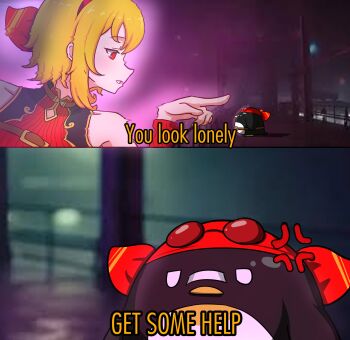 1girl absurdres bird blonde_hair commentary english_commentary english_text eyewear_on_head goslingposting_(meme) highres hololive hololive_indonesia kaela_kovalskia kaela_kovalskia_(4th_costume) meme parody pemaloe_(kaela_kovalskia) penguin red_eyes scene_reference shadowsky_exe virtual_youtuber you_look_lonely_(meme)