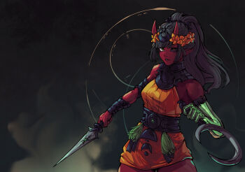 asymmetrical_arms black_sclera bone colored_sclera colored_skin cosplay greco-roman_clothes green_eyes heterochromia highres indie_virtual_youtuber melinoe_(hades) melinoe_(hades)_(cosplay) neox969 nico_artt oni red_eyes red_oni red_skin simple_background skeletal_arm virtual_youtuber