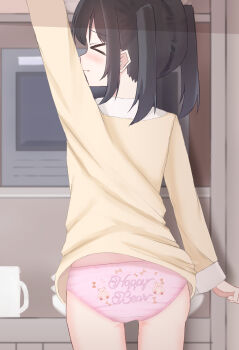 &gt;_&lt; 1girl animal_print arm_up ass back-print_panties bear_print black_hair blush bow_print closed_eyes clothes_lift clothes_writing cup dress dress_lift from_behind kitchen loli long_sleeves microwave mug original panties pink_panties print_panties reaching shelf shooko short_hair sidelocks standing twintails underwear yellow_dress