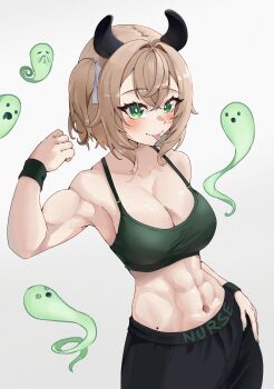Rule 34 | 1girl, abs, absurdres, animal ears, breasts, brown hair, cleavage, flexing, green eyes, green sports bra, highres, indie virtual youtuber, large breasts, muscular, muscular female, naplings (nimi nightmare), navel, nimi nightmare, one side up, pyrokuro, solo, sports bra, tapir ears, tapir girl, virtual youtuber
