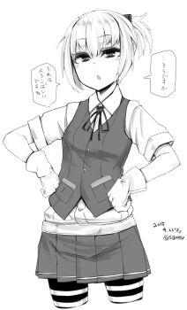 1girl bike_shorts bike_shorts_under_skirt collared_shirt dated dated_commentary gloves greyscale hair_between_eyes hands_on_own_hips highres kantai_collection looking_at_viewer monochrome neck_ribbon parted_lips pleated_skirt ponytail ribbon shiranui_(kancolle) shirt short_sleeves sigama simple_background skirt solo speech_bubble translation_request twitter_username vest