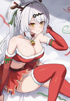 1girl absurdres alternate_breast_size_(larger) bandeau bare_shoulders belt black_belt blush breasts choker christmas cleavage closed_mouth collarbone commentary_request elbow_gloves fake_antlers frilled_bandeau frilled_choker frills fur-trimmed_gloves fur-trimmed_thighhighs fur_trim garter_straps gloves hair_between_eyes hair_ornament highres large_breasts long_hair looking_at_viewer miniskirt navel red_bandeau red_gloves red_skirt red_thighhighs santa_costume skirt solo stomach thighhighs uha white_hair yellow_eyes yixuan_(zenless_zone_zero) zenless_zone_zero