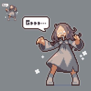 1girl child commentary_request dress drooling grey_background grey_dress grey_hair grey_outline legs_apart lowres o_o omunikin open_mouth original outline pixel_art possessed saliva simple_background socks solo speech_bubble