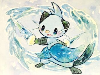 Rule 34 | black eyes, blush, bright pupils, dewott, fang, full body, gen 5 pokemon, liquid weapon, nintendo, no humans, non (kumakawayusu), open mouth, painting (medium), pokemon, pokemon (creature), solo, traditional media, water, watercolor (medium), white pupils