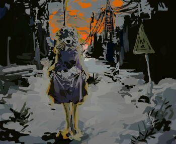 1girl bumi35903802 cable closed_eyes clothes_lift commentary_request curly_hair dress dress_lift dusk full_body grass hat highres lifting_own_clothes maribel_hearn medium_hair mob_cap muted_color no_lineart open_mouth outdoors purple_dress radiation_symbol sign sky smile snow solo straight-on touhou transmission_tower warning_sign white_hat