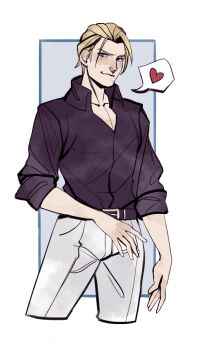 Rule 34 | 1boy, belt buckle, blonde hair, blue eyes, border, buckle, closed mouth, collared shirt, cowboy shot, cropped legs, final fantasy, final fantasy vii, furrowed brow, grey background, hair slicked back, heart, highres, light smile, male focus, pants, purple shirt, robasarel, rufus shinra, shirt, short hair, sleeves rolled up, solo, spoken heart, white border, white pants