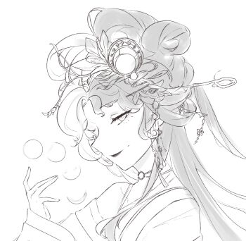 1girl chinese_clothes chinese_commentary chinese_hairpin choker closed_mouth commentary_request eyelashes greyscale hair_ornament hair_rings hairpin half_updo hand_up hanfu happy infinity_nikki lipstick long_hair long_sleeves makeup monochrome moon_phases multicolored_hair multiple_hairpins nikki_(series) pointy_nose simple_background sleeves_past_wrists smile solo split-color_hair suifengqi32822 tassel two-tone_hair upper_body very_long_hair where_wanxiang_weaves_life_(infinity_nikki) white_background wide_sleeves