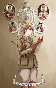 1girl adjusting_clothes adjusting_gloves army belt boots breasts brown_boots brown_gloves brown_hair brown_jacket brown_pants dress_shirt from_side gloves green_eyes hair_bun hat highres holding holster jacket katyusha_(98269886) leather leather_belt leather_boots leather_gloves load_bearing_equipment long_sleeves medium_breasts military military_uniform pants queen_victoria riding serious shirt short_hair solo standing union_jack united_kingdom whip white_shirt world_war_i