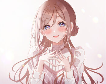 1girl absurdres artist_name blue_eyes blush brown_hair commentary_request dress gakuen_idolmaster hands_on_own_chest hanilz highres himesaki_rinami idolmaster long_hair long_sleeves looking_at_viewer pinafore_dress shirt simple_background sleeveless sleeveless_dress smile solo very_long_hair white_background white_shirt