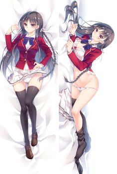 1girl advanced_nurturing_high_school_uniform bed_sheet black_hair blue_bow blue_bowtie bow bow_panties bowtie bra braid breasts brown_eyes brown_shoes cameltoe cleavage clothes_lift collared_shirt dakimakura_(medium) dress_shirt frilled_bra frills from_above gluteal_fold groin hair_ribbon hand_on_own_hip horikita_suzune jacket loafers long_hair long_sleeves lying medium_breasts miniskirt moeanime on_back on_side open_clothes open_jacket open_shirt panties panty_pull pleated_skirt red_jacket red_ribbon ribbon ribbon_as_bra school_uniform shiny_clothes shiny_legwear shirt shoes single_braid skirt skirt_lift solo split_screen thigh_gap thighhighs underwear unworn_skirt very_long_hair white_bra white_panties white_ribbon white_shirt white_skirt wing_collar youkoso_jitsuryoku_shijou_shugi_no_kyoushitsu_e