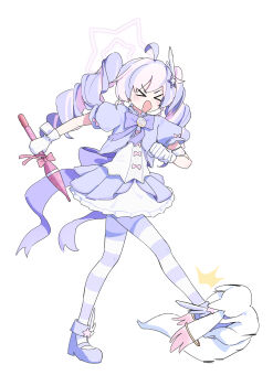 &gt;_&lt; 1girl :d absurdres adon_(dufaladanidu) ahoge blue_archive blush bow bowtie braid clenched_hand commentary explosive gloves grenade hair_ornament halo hashtag-only_commentary highres holding holding_grenade jacket kicking kyubey magical_girl mahou_shoujo_madoka_magica mary_janes multicolored_hair open_clothes open_jacket open_mouth pantyhose pink_hair puffy_short_sleeves puffy_sleeves purple_bow purple_bowtie purple_hair purple_halo purple_jacket purple_pantyhose purple_shoes purple_skirt reisa_(blue_archive) reisa_(magical)_(blue_archive) shirt shoes short-sleeved_jacket short_sleeves skirt smile star_(symbol) star_hair_ornament star_halo striped_clothes striped_pantyhose twin_braids two-tone_hair v-shaped_eyebrows white_gloves white_shirt xd