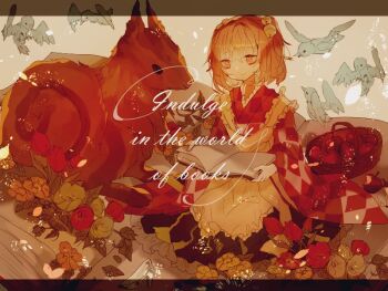 1girl apple apron basket bell bird book checkered_clothes checkered_kimono closed_mouth commentary_request english_text flower food fruit grey_background hair_bell hair_ornament japanese_clothes jingle_bell kimono letterboxed long_sleeves motoori_kosuzu one-hour_drawing_challenge open_book orange_eyes orange_hair red_flower red_kimono shinjitsu_no_kuchi short_hair smile solo squirrel touhou white_apron white_flower wide_sleeves