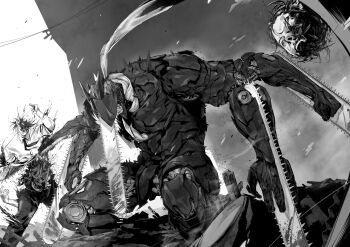 2boys barem_(chainsaw_man) battle blood chainsaw chainsaw_devil chainsaw_man commentary decapitation extra_arms goddamnmushroom greyscale guro highres male_focus monochrome multiple_boys necktie organs scarf severed_head severed_torso sharp_teeth teeth