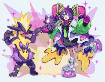 1girl :d black_jumpsuit blonde_hair blue_eyes coat commentary explosion fuinagi_(huyuu_mm) full_body gen_8_pokemon gloves green_sleeves hand_up hatsune_miku high_five highres jumpsuit long_sleeves looking_at_viewer multicolored_coat multicolored_hair nintendo open_clothes open_coat open_mouth pink_gloves pink_hair platform_footwear poison_miku_(project_voltage) pokemon pokemon_(creature) pokemon_on_arm project_voltage purple_hair shoes short_jumpsuit smile sparkle standing standing_on_one_leg tongue tongue_out toxel toxtricity toxtricity_(amped) twintails vocaloid