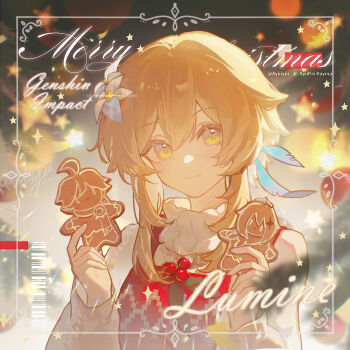 Rule 34 | 1boy, 1girl, aether (genshin impact), ayiiiyiii, blonde hair, blunt ends, chinese commentary, christmas, christmas tree, commentary request, cookie, feathers, flower, food, genshin impact, gingerbread man, hair ornament, highres, holding, holding cookie, holding food, lumine (genshin impact), merry christmas, mistletoe, multicolored flower, paimon (genshin impact), short hair with long locks, sweets, white flower, yellow eyes