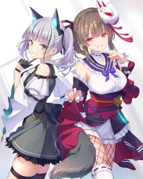 2girls :d absurdres animal_ear_fluff animal_ears bare_shoulders black_bow black_dress blunt_bangs bow braid breasts brown_hair commentary_request cowboy_shot crown_braid detached_sleeves dress dress_bow extra_ears eyelashes fishnet_pantyhose fishnets fox_mask fox_shadow_puppet frilled_dress frilled_sleeves frills green_eyes grin hair_bow hair_ornament hair_over_shoulder hair_ribbon hair_stick hand_up heaven_burns_red highres holding_own_dress index_finger_raised japanese_clothes kiryuu_miya kiryuu_miya_(vulpine_mystique) large_breasts lolita_fashion long_hair long_sleeves looking_at_viewer mask mask_on_head mole mole_under_eye multicolored_hair multiple_girls netarou_(shinra) official_alternate_costume official_alternate_hairstyle open_mouth pantyhose purple_bow red_eyes red_ribbon ribbon ribbon-trimmed_thighhighs ribbon_trim short_dress sidelocks simple_background skindentation sleeveless sleeveless_dress smile streaked_hair sugawara_chie sugawara_chie_(feral_insanity) tail thigh_strap thighhighs twintails wa_lolita white_background white_dress white_hair white_thighhighs wide_sleeves wolf_ears wolf_girl wolf_tail