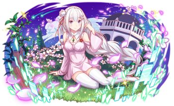 1girl alternate_costume alternate_hairstyle anime_coloring aqua_pupils artist_request bare_shoulders blue_sky blunt_bangs braid braided_ponytail branch breasts bright_pupils building bush closed_mouth collar crash_fever crown_braid detached_collar dot_nose dress dress_flower emilia_(re:zero) eyelashes fence field flats flower flower_field full_body game_cg gem gradient_petals grass green_gemstone grey_hair hair_flower hair_ornament hair_ribbon lace-trimmed_collar lace_trim large_breasts leaf light_blush light_particles long_hair long_sidelocks long_sleeves looking_at_viewer low-braided_long_hair low-tied_long_hair number_print numbered off-shoulder_dress off_shoulder official_alternate_costume official_alternate_hairstyle official_art official_style on_ground outdoors outline pink_dress pink_ribbon pink_shoes pink_sleeves print_dress purple_eyes purple_petals re:zero_kara_hajimeru_isekai_seikatsu red_flower red_outline ribbon shoes shooting_star short_dress sidelocks single_sleeve_past_wrist sitting sky solo sparkle square square_print star_(sky) straight_hair strap tachi-e thighhighs third-party_source too_many_flowers transparent_background white_collar white_flower white_petals white_thighhighs wide_sleeves x_hair_ornament yokozuwari