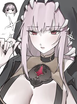 1girl absurdres black_cape black_dress black_nails breasts cape cleavage detached_sleeves dress ewn hashtag-only_commentary highres hololive hololive_english hood hood_up jewelry large_breasts long_hair looking_at_viewer mori_calliope mori_calliope_(1st_costume) pink_eyes pink_hair red_eyes shoulder_spikes single_detached_sleeve solo spiked_cape spiked_hood spikes veil virtual_youtuber