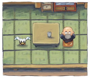 1boy bald beard cabinet chest_of_drawers chibi cup cushion facial_hair full_body gen_3_pokemon glasses indoors mr._briney panha pokemon pokemon_rse table wingull