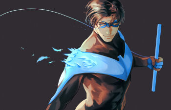 1boy batman_(series) baton_(weapon) black_bodysuit black_hair blue_bodysuit bodysuit closed_mouth dc_comics dick_grayson domino_mask eye_mask feathers grey_background highres holding holding_weapon male_focus mask multicolored_bodysuit muscular muscular_male nichasheng nightwing short_hair simple_background smile solo superhero_costume two-tone_bodysuit upper_body weapon