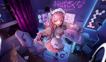 1girl :3 absurdres animal_ear_fluff animal_ear_headphones animal_ears apron black_footwear blue_bow bow breasts cat cat_ears chair cleavage controller dress fake_animal_ears frilled_apron frilled_dress frills game_controller gaming_chair hair_bow headphones headphones_around_neck heart heart-shaped_pupils highres holding holding_controller holding_game_controller indie_virtual_youtuber indoors large_breasts long_hair maid_apron maid_headdress open_mouth orange_cat pink_bow pink_dress pink_eyes pink_hair playstation_controller solo swivel_chair symbol-shaped_pupils thighhighs touhoureporter two-tone_bow two_side_up virtual_youtuber white_apron white_headdress white_thighhighs wrist_cuffs yuuki_sakuna yuuki_sakuna_(1st_costume)
