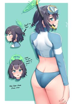 1girl aauugghh_garrison aqua_background ass bikini bikini_bottom_only blue_archive blue_bikini blue_eyes blush bodysuit butt_crack close-up crop_top diving_suit english_text from_behind goggles goggles_on_head hair_tie halo hand_on_own_thigh looking_back open_mouth ponytail profile purple_hair reference_sheet saki_(blue_archive) saki_(swimsuit)_(blue_archive) short_hair short_ponytail snorkel solo swimsuit wetsuit