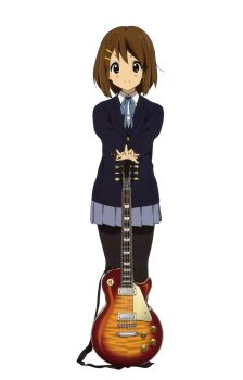 Rule 34 | 1girl, absurdres, anime coloring, black jacket, black pantyhose, blazer, bob cut, brown eyes, brown hair, buttons, closed mouth, collared shirt, dot nose, electric guitar, full body, gibson les paul, grey skirt, guitar, hair ornament, hairpin, hand rest, highres, hirasawa yui, horiguchi yukiko, instrument, jacket, k-on!, long sleeves, looking ahead, looking at viewer, miniskirt, official art, own hands together, pantyhose, pleated skirt, sakuragaoka high school uniform, scan, school uniform, shirt, simple background, skirt, smile, split mouth, standing, straight-on, tachi-e, third-party source, v-shaped eyebrows, white background, wing collar