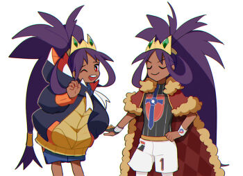 1girl alternate_costume cape cosplay crown dark-skinned_female dark_skin dual_persona dynamax_band iris_(pokemon) jacket leon_(pokemon)_(cosplay) long_hair maroon_eyes nintendo one_eye_closed oversized_clothes pokemon pokemon_(anime) pokemon_bw pokemon_journeys pokemon_swsh ponytail purple_hair raihan_(pokemon)_(cosplay) shorts very_long_hair wink