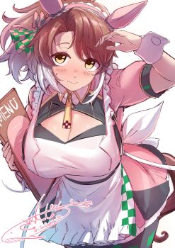1girl animal_ears apron black_leggings blush bow breasts brown_eyes brown_hair checkered_ribbon cleavage cleavage_cutout closed_mouth clothing_cutout dantsu_flame_(umamusume) ear_covers ear_ornament ear_ribbon hair_between_eyes hair_ornament hairband highres holding holding_menu horse_ears horse_girl horse_tail jacket large_breasts leggings looking_at_viewer menu multicolored_hair pink_hairband pink_jacket same_kujira_(challenger_310) short_sleeves simple_background smile solo tail umamusume waitress white_apron white_background white_hair white_wrist_cuffs wrist_cuffs