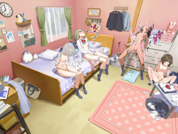 4girls absurdres analog_clock aqua_bra aqua_panties bag bar_censor bed bedroom bow bowtie bra bra_lift breasts breasts_apart brown_hair censored chest_of_drawers clock closed_eyes closed_mouth clothes_lift commentary_request completely_nude curtains dildo excessive_pussy_juice female_masturbation female_orgasm fingering grey_hair grey_skirt grey_socks group_masturbation head_back highres holding holding_sex_toy indoors legs_apart lemontyoisy_r18 long_hair long_sleeves masturbation medium_breasts medium_hair multiple_girls navel nipples no_shoes nude on_bed on_floor open_clothes open_shirt orgasm original panties petite pink_bra pink_panties pussy pussy_juice red_bow red_bowtie rug school_bag sex_toy shirt short_hair sitting skirt small_breasts socks sound_effects speech_bubble spread_legs standing stomach straight_hair stuffed_animal stuffed_toy table torogao towel translation_request underwear unworn_bowtie unworn_bra unworn_panties unworn_shirt unworn_skirt wet wet_clothes wet_panties wet_spot white_shirt window yellow_bra yellow_panties