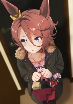1girl :o animal_ears averting_eyes bag black_pantyhose blue_eyes blurry blurry_background blush bottle brown_hair clothes_writing coat collarbone cowboy_shot doorway ear_ornament flower from_above fur-trimmed_hood fur_trim gift green_coat hair_between_eyes hair_ornament highres holding holding_bag holding_gift hood horse_ears horse_girl indoors jacket jewelry long_sleeves narita_taishin_(stubborn_markt)_(umamusume) narita_taishin_(umamusume) necklace official_alternate_costume open_clothes open_coat pantyhose parted_bangs parted_hair parted_lips red_flower red_rose ring ring_necklace rose shiki_no_miko shirt short_hair shy solo umamusume v-shaped_eyebrows white_shirt wine_bottle