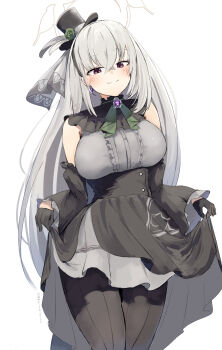 1girl absurdres black_gloves black_hat black_pantyhose blue_archive breasts commentary_request cowboy_shot detached_sleeves flower gloves green_flower grey_hair halo hat hat_flower highres idol_clothes long_hair looking_at_viewer mini_hat mini_top_hat morishin546 official_alternate_costume pantyhose purple_eyes sakurako_(blue_archive) sakurako_(idol)_(blue_archive) simple_background skirt_hold top_hat white_background