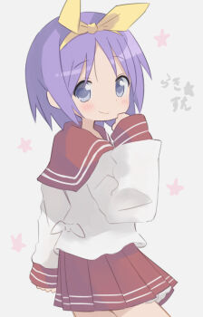 1girl artist_request blush closed_mouth dot_nose feet_out_of_frame female_focus hair_ribbon highres hiiragi_tsukasa long_sleeves looking_at_viewer lucky_star red_skirt ribbon ryouou_school_uniform school_uniform serafuku shirt short_hair skirt smile solo source_request standing star_(symbol) white_shirt