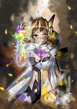 1girl absurdres avengers:_endgame avengers_(series) breasts brown_eyes brown_hair clenched_teeth crossover empty_eyes gauntlets hair_ornament hairclip highres infinity_gauntlet infinity_gems kyomeihibiki looking_at_viewer marvel marvel medium_breasts senki_zesshou_symphogear senki_zesshou_symphogear_xd_unlimited short_hair simple_background smoke solo tachibana_hibiki_(symphogear) teeth torn_clothes