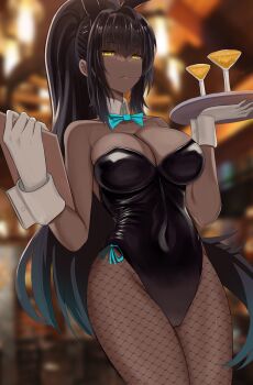 1girl absurdres alcohol animal_ears black_hair black_leotard blue_archive blurry blurry_background bow bowtie breasts cleavage cocktail_glass covered_navel cup dark-skinned_female dark_skin detached_collar drinking_glass fake_animal_ears fishnets gloves groin highres holding holding_menu holding_tray karin_(blue_archive) karin_(bunny)_(blue_archive) large_breasts leotard long_hair looking_at_viewer menu micchan_(micchanmeido) pantyhose parted_lips playboy_bunny ponytail rabbit_ears sidelocks solo standing traditional_bowtie tray very_long_hair white_gloves wrist_cuffs yellow_eyes