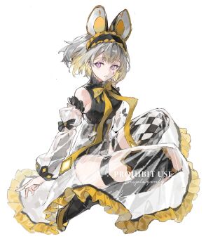 1girl black_boots black_leotard blue_eyes boots detached_sleeves diamond_facial_mark dress duel_monster facial_mark frilled_hairband frills gradient_hair green_hair grey_hair hairband highres leotard liiiyeee looking_at_viewer maliss_&lt;p&gt;_dormouse multicolored_hair parted_lips see-through_clothes see-through_dress see-through_sleeves simple_background solo thigh_boots thigh_strap watermark white_background yu-gi-oh!