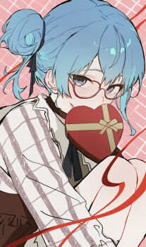 1girl blue_eyes blue_hair box brown_skirt commentary dress gift gift_box glasses hair_between_eyes hair_bun hair_ribbon heart-shaped_box highres hololive hoshimachi_suisei hugging_own_legs kurony_(sirony) light_blush looking_at_viewer red-framed_eyewear ribbon shirt short_hair single_hair_bun skirt solo star_(symbol) star_in_eye striped_clothes striped_dress symbol_in_eye valentine vertical-striped_clothes vertical-striped_dress virtual_youtuber