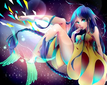 alternate_hairstyle bare_legs barefoot bindi bird black_hair character_name dark-skinned_female dark_skin dress female_focus green_eyes gundam jardim_(saruboid) lalah_sune long_hair mobile_suit_gundam pupiless_eyes solo swan